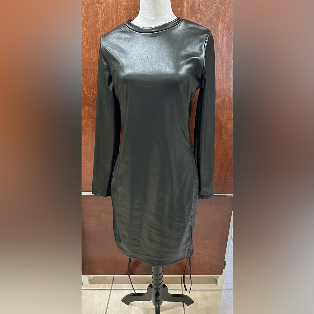 Faux Leather Black Long Sleeve Dress